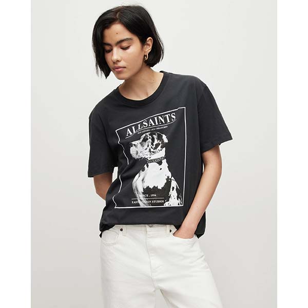 Allsaints Australia Womens Storm Boyfriend Dog Artwork T-Shirt Black AU41-602